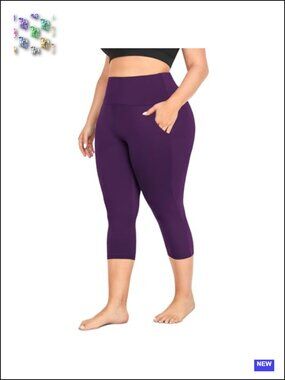 Plus Size Capri Leggings with Pockets, Tummy Control High Waist Workout Yoga